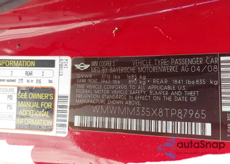 2008 Mini Cooper S Clubman z USA, uszkodzony, nr VIN WMWMM335X8TP87965